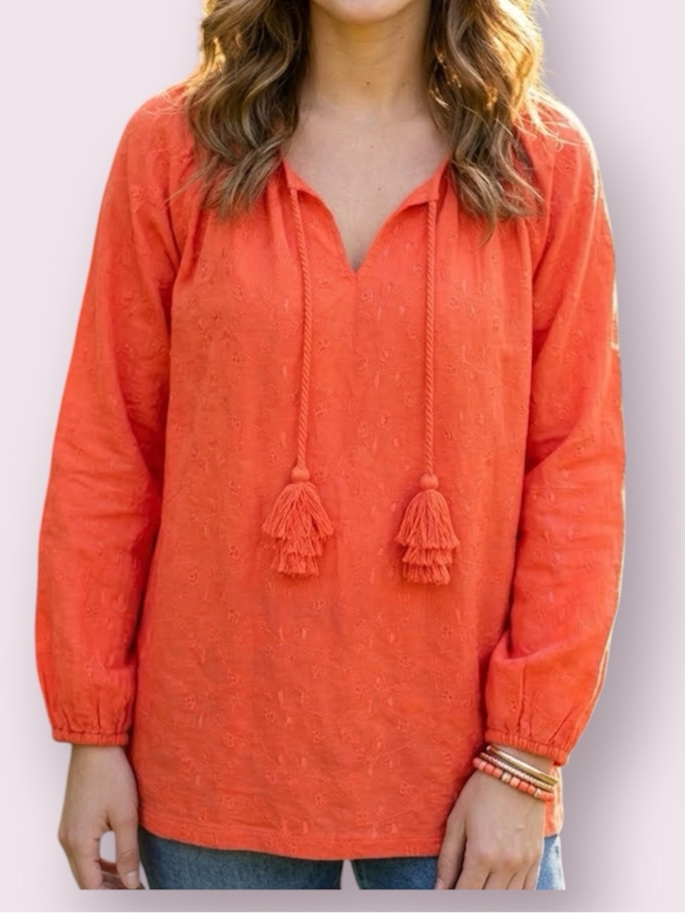 J. Crew Peasant Blouse Tone on Tone Embroidered Red Orange Size Large